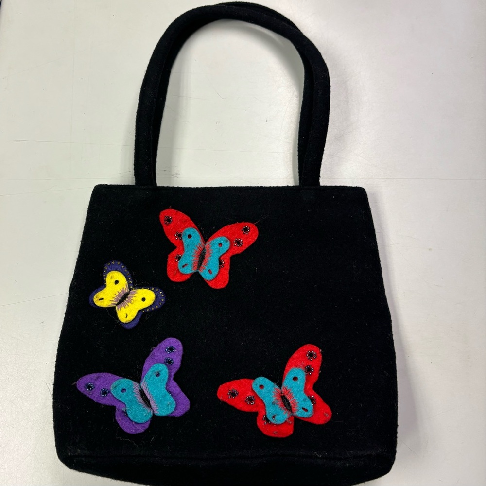 Lulu Guinness London 90s Vintage Black Wool Felt Butterfly Handbag